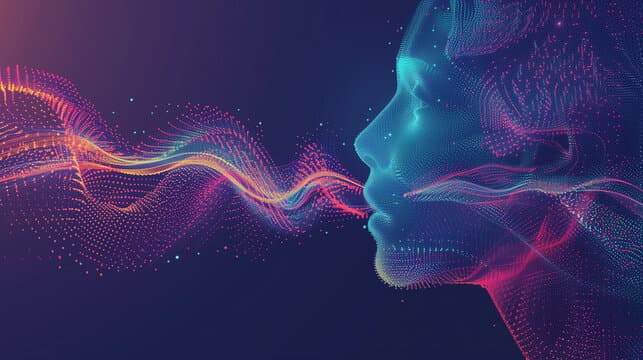 Abstract particle waveform flowing into a human face profile, representing natural language processing